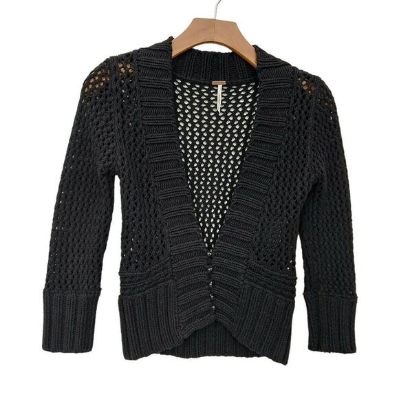 Free People Cardigan Sweater Womens XS Black 3/4 Sleeve Button Up Open Knit - Picture 1 of 10
